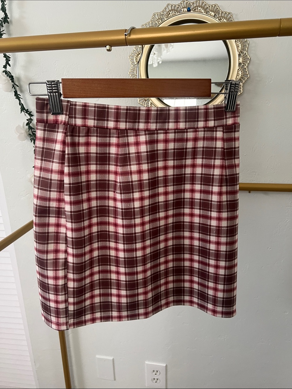 Papaya Burgundy and White Plaid Mini Skirt